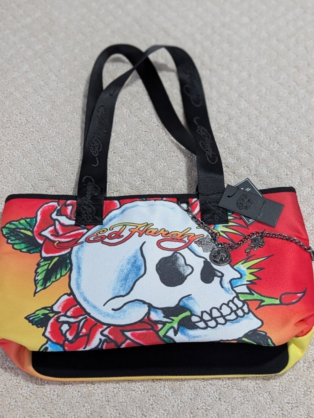 NWT Ed Hardy Skull & Roses Shoulder Bag Tote Purse Graphic Tiger Lining